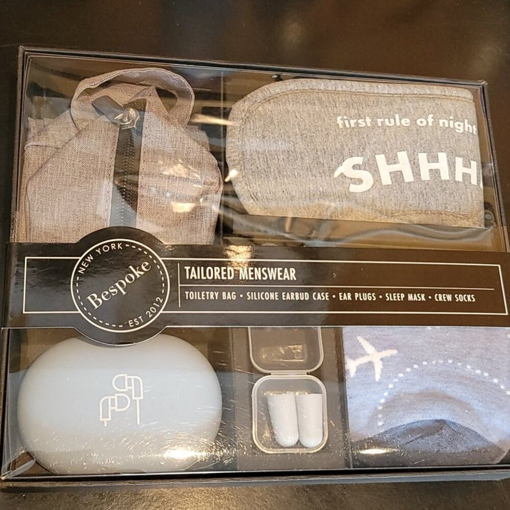 Bespoke Tailored Gift box Travel items mask,  earbud case ear plugs, bag socks